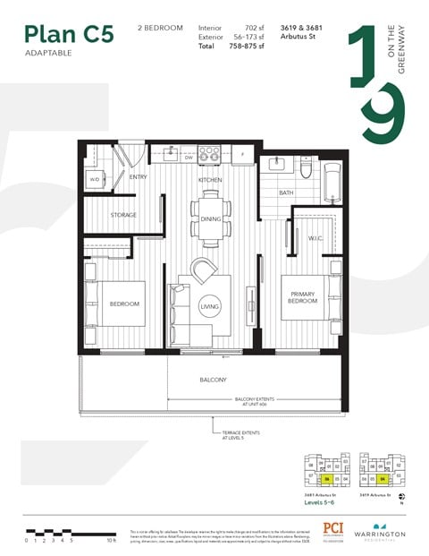 Floor plan for 2 beds, 1 bath, 702 sqft